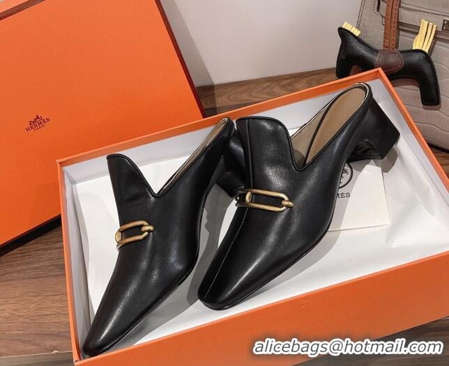 Grade Quality Hermes Eloise Swift Leather Heel Mules 5cm Black 062238