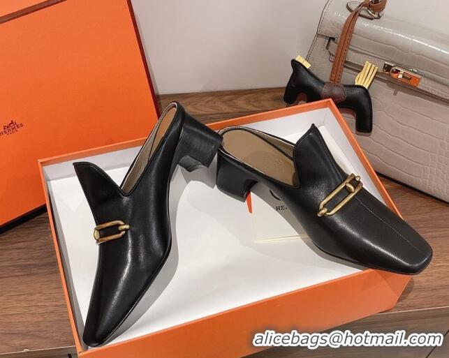 Grade Quality Hermes Eloise Swift Leather Heel Mules 5cm Black 062238