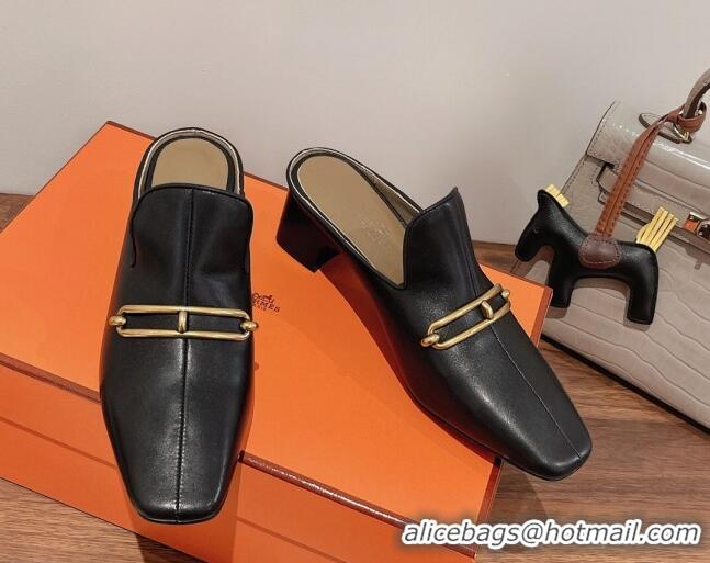 Grade Quality Hermes Eloise Swift Leather Heel Mules 5cm Black 062238