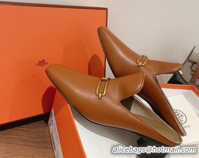 Low Price Hermes Eloise Swift Leather Heel Mules 5cm Brown 062239