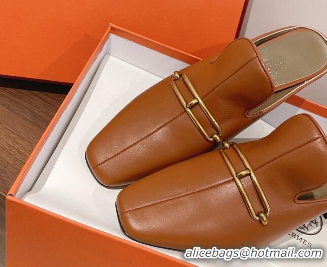 Low Price Hermes Eloise Swift Leather Heel Mules 5cm Brown 062239