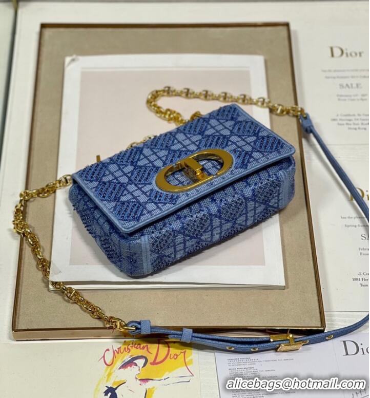 Unique Grade SMALL DIOR CARO BAG Macrocannage Tweed Embroidery M9241 BLUE