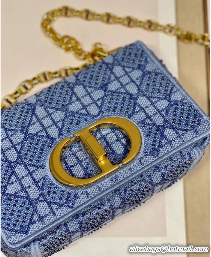 Unique Grade SMALL DIOR CARO BAG Macrocannage Tweed Embroidery M9241 BLUE