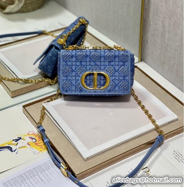 Unique Grade SMALL DIOR CARO BAG Macrocannage Tweed Embroidery M9241 BLUE