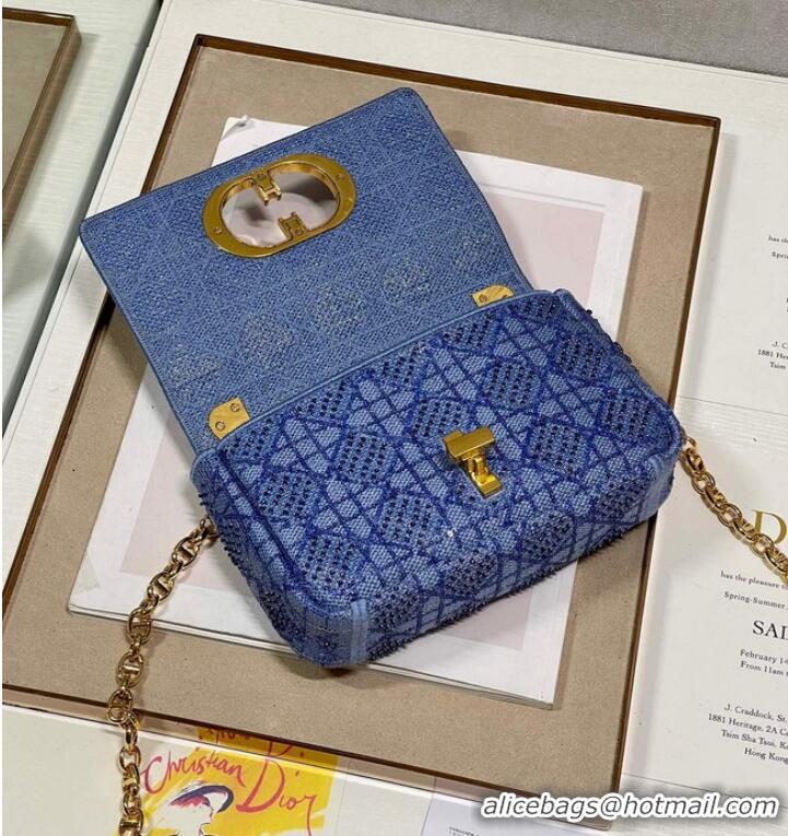 Unique Grade SMALL DIOR CARO BAG Macrocannage Tweed Embroidery M9241 BLUE