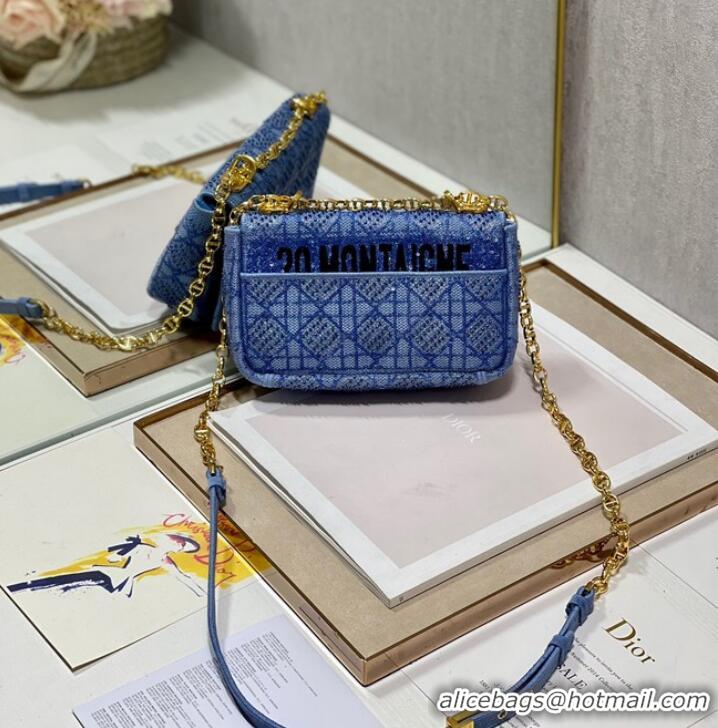 Unique Grade SMALL DIOR CARO BAG Macrocannage Tweed Embroidery M9241 BLUE