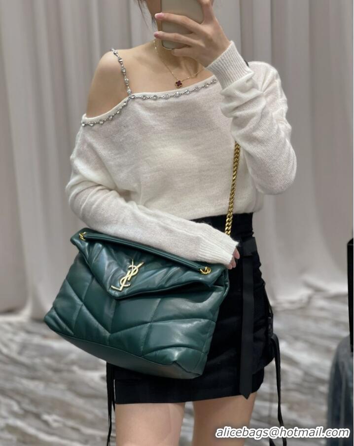 New Design Yves Saint Laurent LOULOU PUFFER MEDIUM BAG IN QUILTED CRINKLED MATTE LEATHER Y577475 blackish green