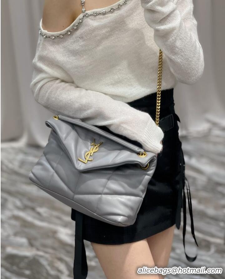 Top Grade Yves Saint Laurent PUFFER SMALL CHAIN BAG IN QUILTED LAMBSKIN 620333 gray