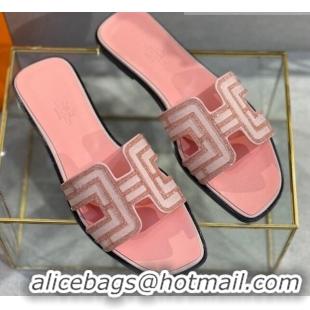 Best Grade Hermes Oran Classic Crystal Calfskin Flat Slide Sandals Pink 062241