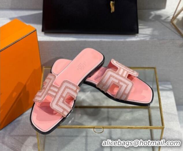 Best Grade Hermes Oran Classic Crystal Calfskin Flat Slide Sandals Pink 062241