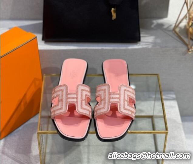 Best Grade Hermes Oran Classic Crystal Calfskin Flat Slide Sandals Pink 062241