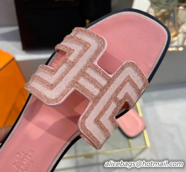 Best Grade Hermes Oran Classic Crystal Calfskin Flat Slide Sandals Pink 062241