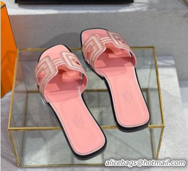 Best Grade Hermes Oran Classic Crystal Calfskin Flat Slide Sandals Pink 062241