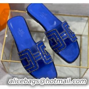 Low Price Hermes Oran Classic Crystal Calfskin Flat Slide Sandals Royal Blue 062242