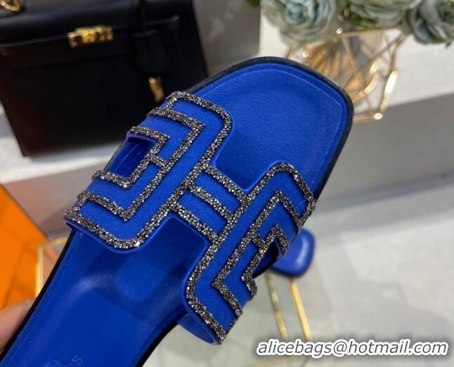 Low Price Hermes Oran Classic Crystal Calfskin Flat Slide Sandals Royal Blue 062242