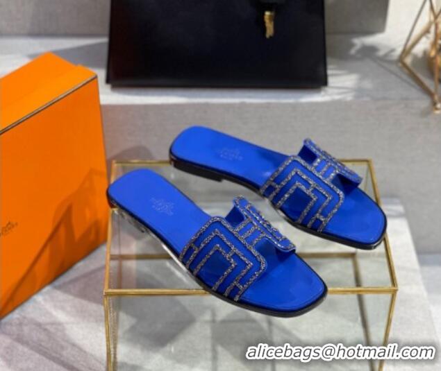 Low Price Hermes Oran Classic Crystal Calfskin Flat Slide Sandals Royal Blue 062242