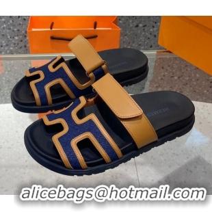 Stylish Hermes Chypre Denim and Leather Flat Sandals Blue/Brown 062243