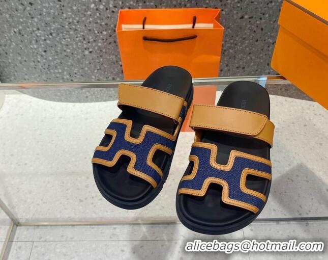 Stylish Hermes Chypre Denim and Leather Flat Sandals Blue/Brown 062243