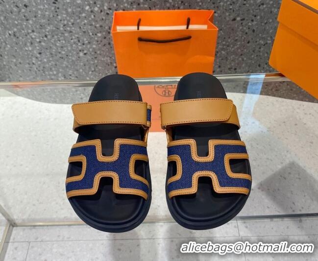 Stylish Hermes Chypre Denim and Leather Flat Sandals Blue/Brown 062243