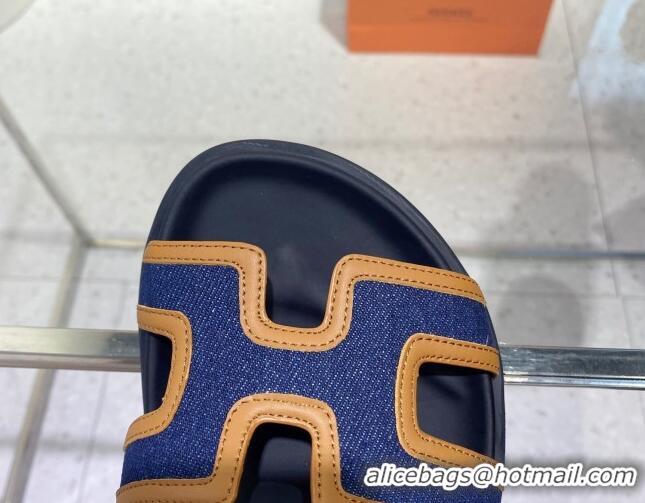 Stylish Hermes Chypre Denim and Leather Flat Sandals Blue/Brown 062243