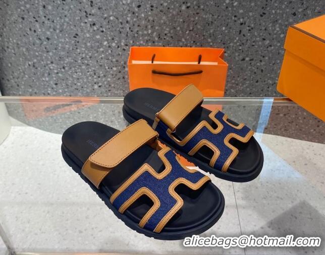 Stylish Hermes Chypre Denim and Leather Flat Sandals Blue/Brown 062243