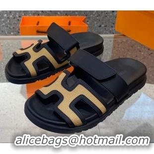 Good Quality Hermes Chypre Canvas and Leather Flat Sandals Beige/Black 062246