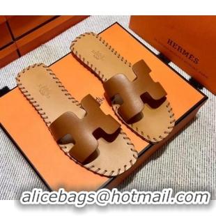 Shop Duplicate Hermes Oran Classic Stitching Leather Flat Slide Sandals Brown 062248