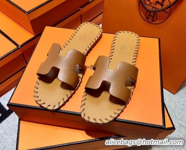 Shop Duplicate Hermes Oran Classic Stitching Leather Flat Slide Sandals Brown 062248