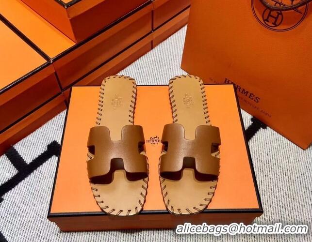 Shop Duplicate Hermes Oran Classic Stitching Leather Flat Slide Sandals Brown 062248