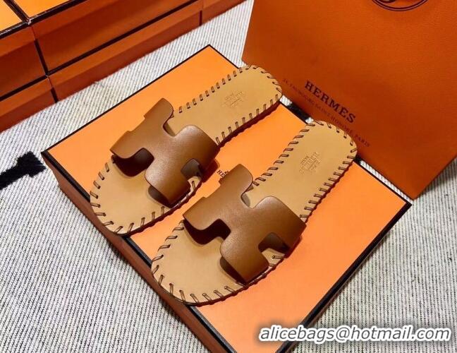 Shop Duplicate Hermes Oran Classic Stitching Leather Flat Slide Sandals Brown 062248