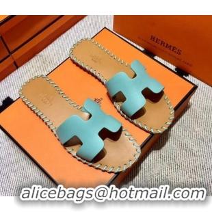 Discount Hermes Oran Classic Stitching Leather Flat Slide Sandals Light Blue 062249