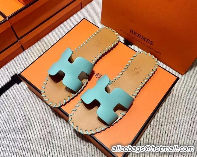 Discount Hermes Oran Classic Stitching Leather Flat Slide Sandals Light Blue 062249