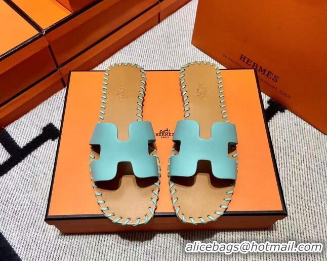 Discount Hermes Oran Classic Stitching Leather Flat Slide Sandals Light Blue 062249