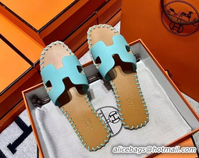 Discount Hermes Oran Classic Stitching Leather Flat Slide Sandals Light Blue 062249