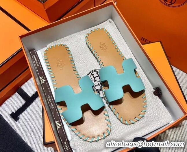 Discount Hermes Oran Classic Stitching Leather Flat Slide Sandals Light Blue 062249