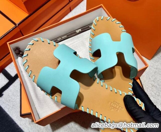 Discount Hermes Oran Classic Stitching Leather Flat Slide Sandals Light Blue 062249