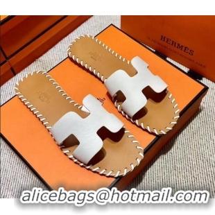 Sumptuous Hermes Oran Classic Stitching Leather Flat Slide Sandals White 062250