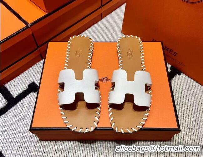 Sumptuous Hermes Oran Classic Stitching Leather Flat Slide Sandals White 062250