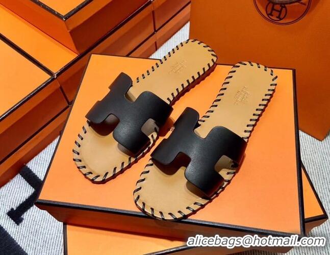 Top Grade Hermes Oran Classic Stitching Leather Flat Slide Sandals Black 062251