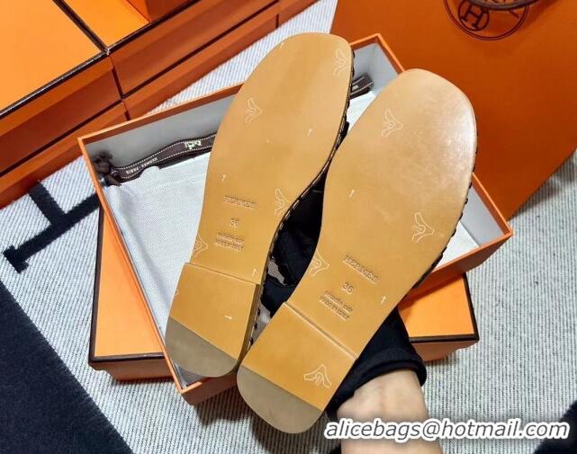 Top Grade Hermes Oran Classic Stitching Leather Flat Slide Sandals Black 062251