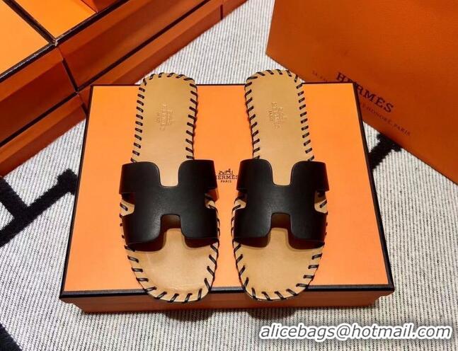 Top Grade Hermes Oran Classic Stitching Leather Flat Slide Sandals Black 062251