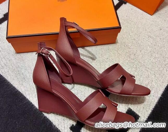 Classic Hermes Legend Palm-Grained Calfskin Wedge Sandals 7cm Burgundy 062252