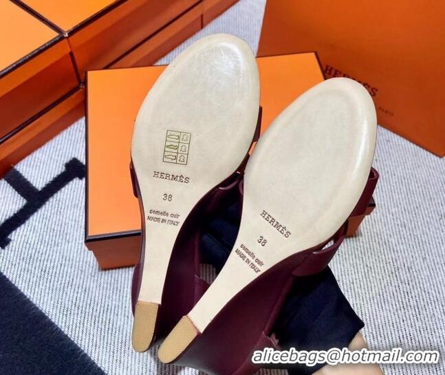 Classic Hermes Legend Palm-Grained Calfskin Wedge Sandals 7cm Burgundy 062252