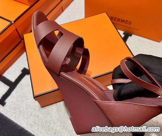 Classic Hermes Legend Palm-Grained Calfskin Wedge Sandals 7cm Burgundy 062252