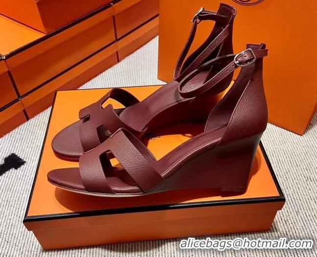 Classic Hermes Legend Palm-Grained Calfskin Wedge Sandals 7cm Burgundy 062252