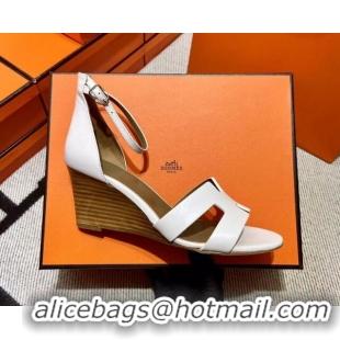 Best Product Hermes Legend Palm-Grained Calfskin Wedge Sandals 7cm White 062253