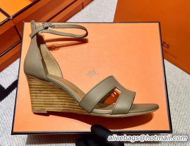 Popular Style Hermes Legend Palm-Grained Calfskin Wedge Sandals 7cm Elephant Grey 062254