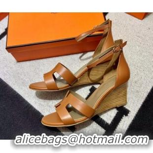 Pretty Style Hermes Legend Smooth Calfskin Wedge Sandals 7cm Brown 062255