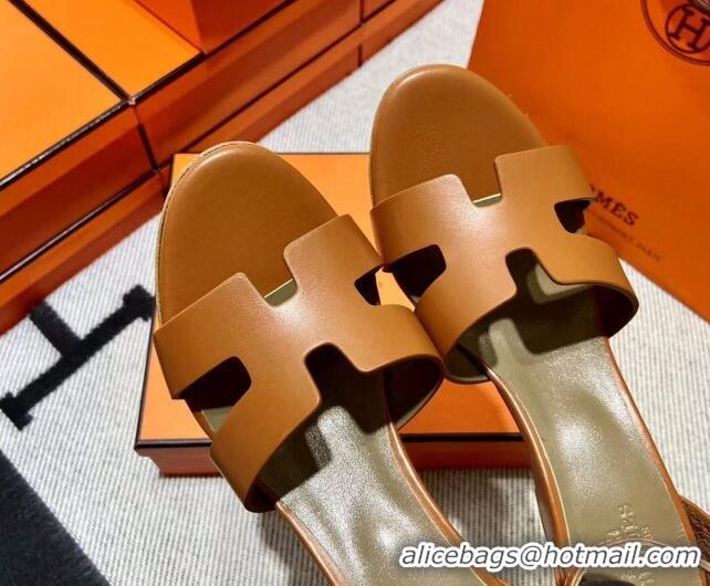 Pretty Style Hermes Legend Smooth Calfskin Wedge Sandals 7cm Brown 062255