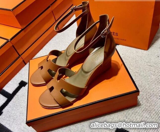 Pretty Style Hermes Legend Smooth Calfskin Wedge Sandals 7cm Brown 062255